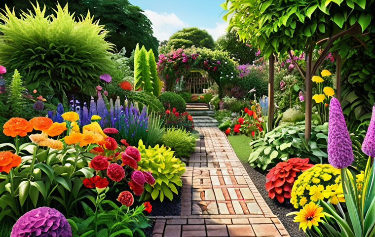 **A lush, vibrant garden showcasing a variety of colorful flowers and plants, demonstrating the joy and stress-reducing benefits of gardening. Focus on a sense of tranquility and beauty.**