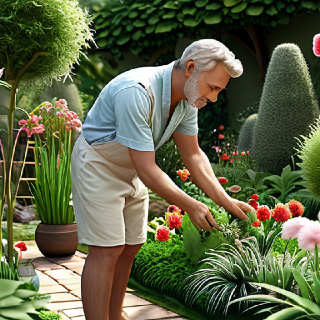 **A garden designer selecting plants and flowers, creating a beautiful and peaceful environment.** (Focuses on the creative process and desired atmosphere.)
