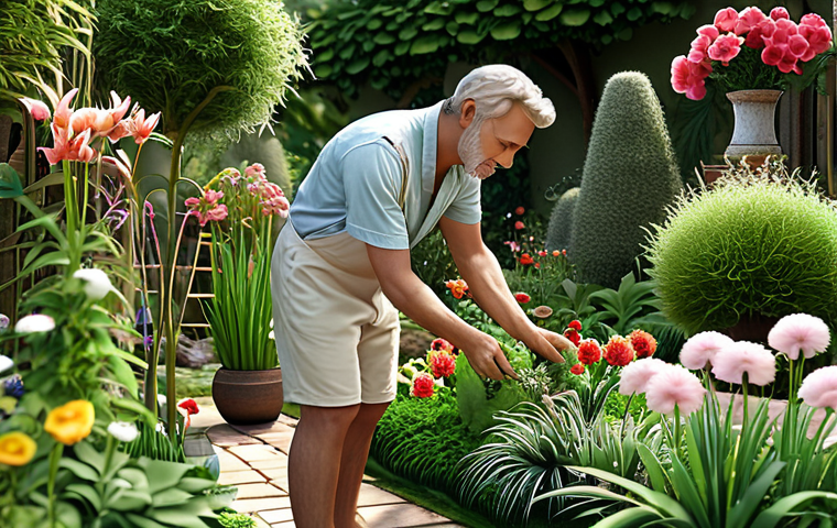 **A garden designer selecting plants and flowers, creating a beautiful and peaceful environment.** (Focuses on the creative process and desired atmosphere.)