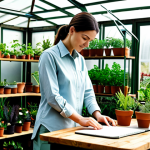 A professional adult female horticultural designer, fully clothed in modest, practical work attire including a long-sleeved shirt and durable trousers. She is depicted in a natural pose, standing in a brightly lit, modern greenhouse or garden studio, with one hand gently tending to a potted plant on a wooden workbench. A sketchpad with garden designs and a few gardening tools are neatly arranged beside her. The background features shelves filled with a variety of healthy green plants, bathed in natural light. This image embodies dedication and the learning process. safe for work, appropriate content, fully clothed, professional, modest, perfect anatomy, correct proportions, well-formed hands, proper finger count, natural body proportions, high quality, professional photography, realistic.
