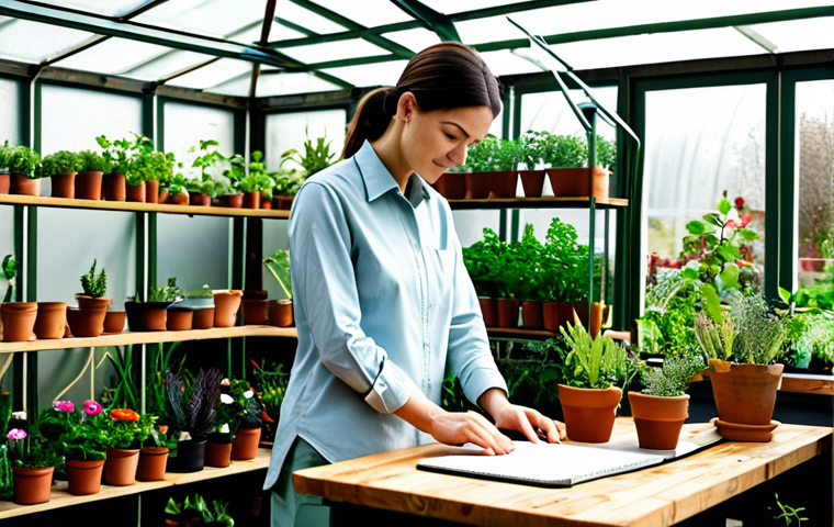 A professional adult female horticultural designer, fully clothed in modest, practical work attire including a long-sleeved shirt and durable trousers. She is depicted in a natural pose, standing in a brightly lit, modern greenhouse or garden studio, with one hand gently tending to a potted plant on a wooden workbench. A sketchpad with garden designs and a few gardening tools are neatly arranged beside her. The background features shelves filled with a variety of healthy green plants, bathed in natural light. This image embodies dedication and the learning process. safe for work, appropriate content, fully clothed, professional, modest, perfect anatomy, correct proportions, well-formed hands, proper finger count, natural body proportions, high quality, professional photography, realistic.