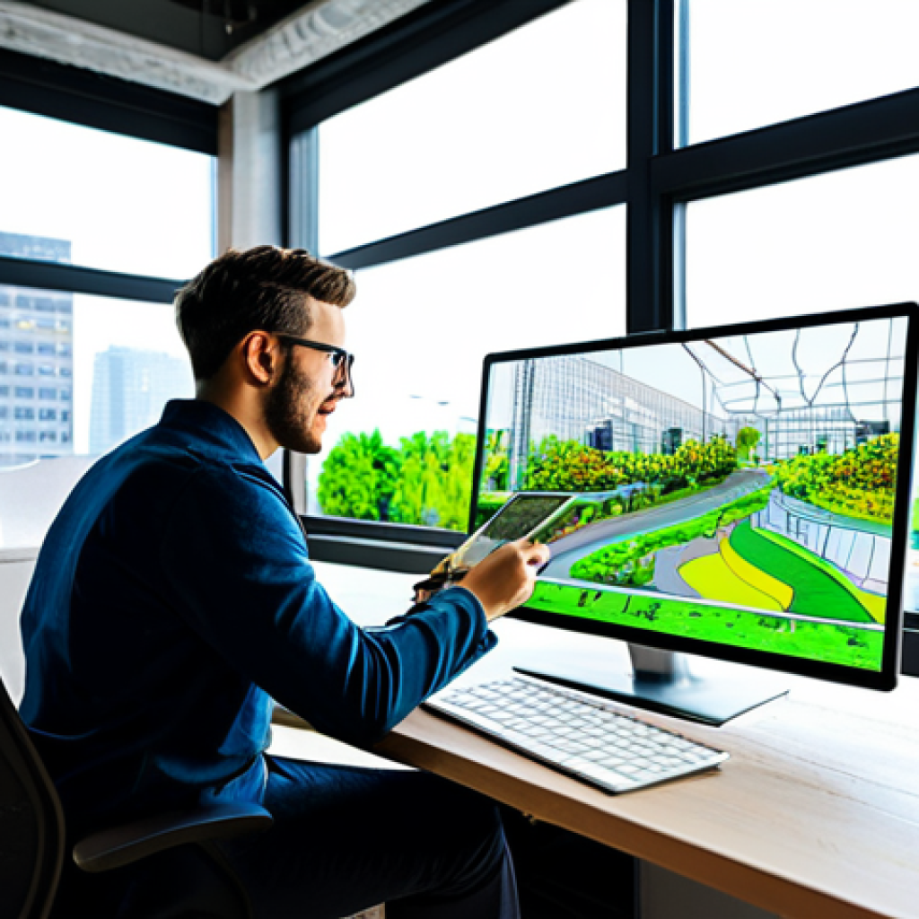 A professional landscape designer, fully clothed in a modest business casual outfit, sitting at a modern desk in a well-lit, contemporary studio. The designer is looking at a large monitor displaying detailed CAD software plans for a sustainable urban park, with one hand resting on a tablet showing a vibrant 3D rendering. Nearby, a botanical sketch and a soil sample kit are visible. The large windows behind offer a view of a green city skyline. This image emphasizes professionalism, technology, and visionary design.
    *   *safe for work, appropriate content, fully clothed, professional, perfect anatomy, correct proportions, natural pose, well-formed hands, proper finger count, natural body proportions, professional photography, high quality*