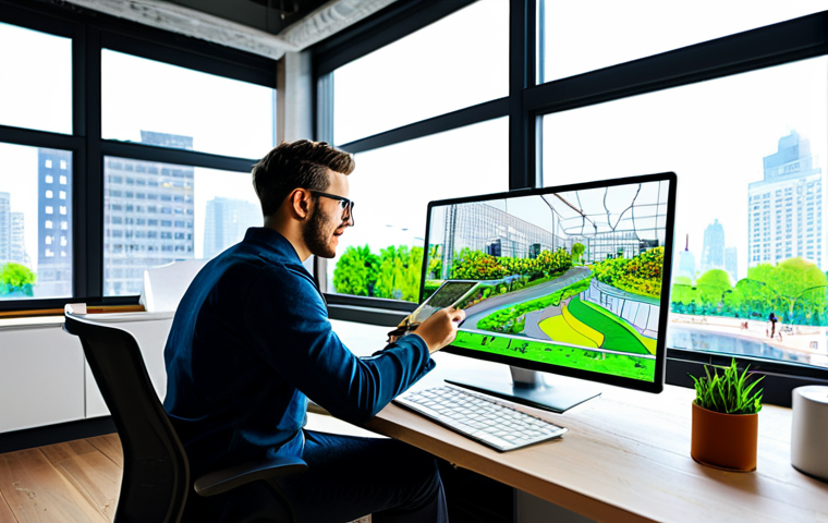 A professional landscape designer, fully clothed in a modest business casual outfit, sitting at a modern desk in a well-lit, contemporary studio. The designer is looking at a large monitor displaying detailed CAD software plans for a sustainable urban park, with one hand resting on a tablet showing a vibrant 3D rendering. Nearby, a botanical sketch and a soil sample kit are visible. The large windows behind offer a view of a green city skyline. This image emphasizes professionalism, technology, and visionary design.
* *safe for work, appropriate content, fully clothed, professional, perfect anatomy, correct proportions, natural pose, well-formed hands, proper finger count, natural body proportions, professional photography, high quality*