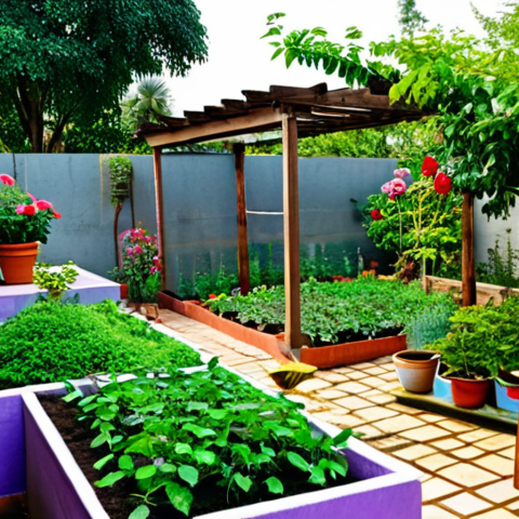 Colorful and Sustainable Garden**

A vibrant, colorful garden featuring a variety of local plants like roses, jasmine, and tulsi, all flourishing under a drip irrigation system. Organic fertilizer like गोबर खाद is used. Neem oil is applied for pest control. A comfortable wooden chair and table set invites relaxation. Safe for work, appropriate content, fully clothed, professional photography, perfect anatomy, natural proportions, modest, family-friendly.

**