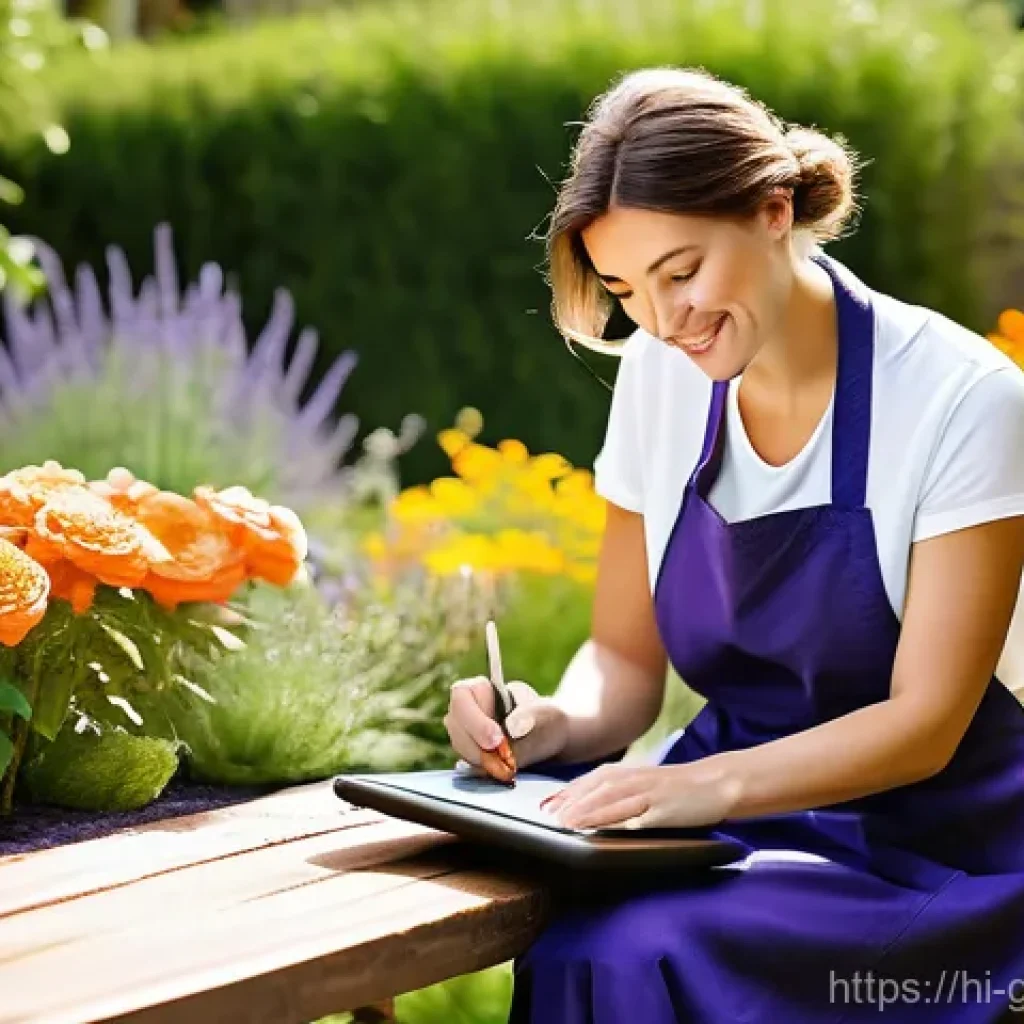 원예디자이너 관련 학위 과정 - **A creative female gardening designer, in her late 20s, with a warm smile, is sketching a garden la...