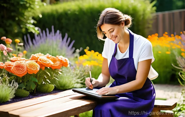 원예디자이너 관련 학위 과정 - **A creative female gardening designer, in her late 20s, with a warm smile, is sketching a garden la...