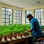 원예디자이너 실무 경험과 교육 비교 - A detailed botanical design classroom scene in India featuring diverse students attentively learning...