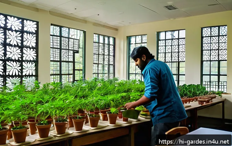 원예디자이너 실무 경험과 교육 비교 - A detailed botanical design classroom scene in India featuring diverse students attentively learning...