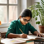 원예디자이너 실기 시험 준비 - A detailed creative workspace scene showing a young Indian student practicing floral design inspired...