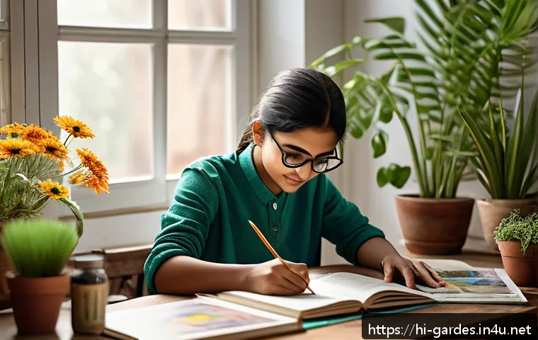 원예디자이너 실기 시험 준비 - A detailed creative workspace scene showing a young Indian student practicing floral design inspired...