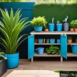 원예디자이너 업무 팁과 트릭 - A vibrant modern garden scene showcasing smart gardening planning: tropical plants thriving in warm,...