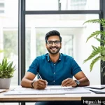 원예디자이너 업무 관리 전략 - A professional Indian gardening designer in casual attire using a laptop and smartphone simultaneous...
