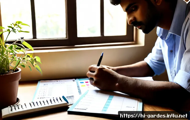 Home 17 원예디자이너 자격증 시험 준비 일정 - Photorealistic Indian aspiring horticulture designer studying at a neat home desk, reviewing plant s...